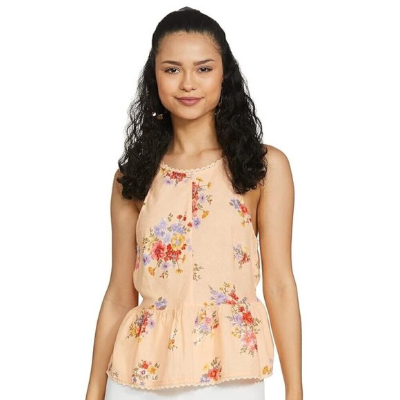 American Eagle Outfitters Tops - AMERICAN EAGLE Peach Linen-Blend Floral Peplum Hem Top - Size XS